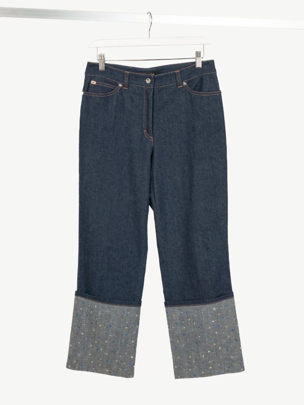 Escada Blue Denim Rhinestone-Cuff Cropped Straight-Leg Jeans